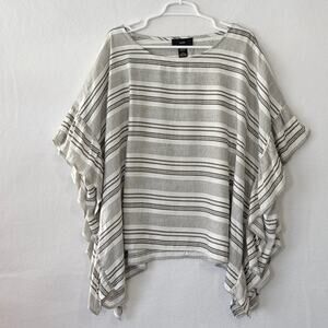 RAIN Poncho Style Blouse Womens L/XL White & Gray Striped Linen Blend Ruffles